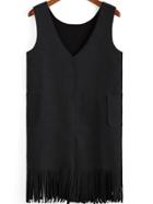 Romwe V Neck Sleeveless Tassel Black Dress