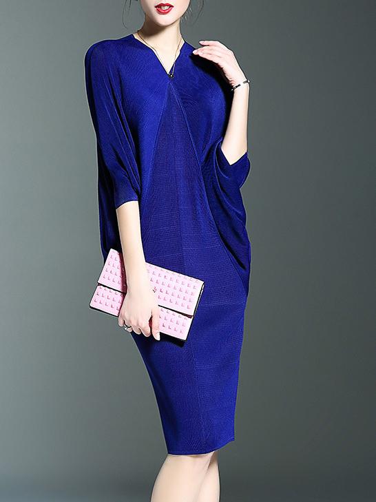 Romwe Blue V Neck Backless Batwing Sleeve Knit Dress