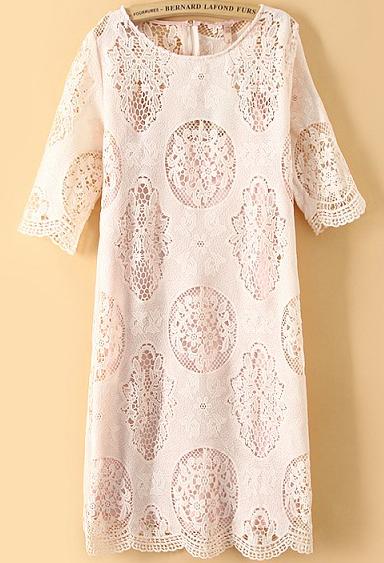 Romwe Short Sleeve Lace Crochet Apricot Dress
