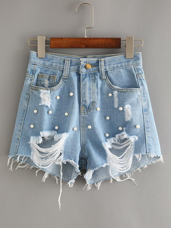 Romwe Blue Beaded Ripped Denim Shorts