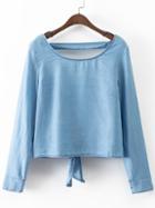 Romwe Blue Long Sleeve Self-tie Bow Backless Denim Blouse