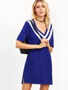 Romwe Royal Blue V Striped Trim Slit Side Sweater Dress