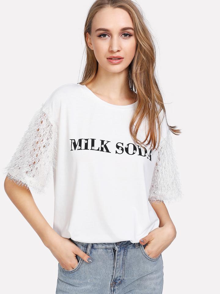 Romwe Pearl Embellished Letter Print Tassel Sleeve Tee