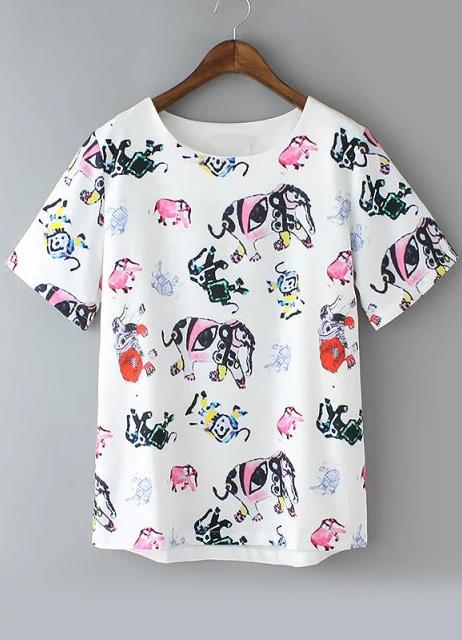 Romwe Elephant Print Chiffon T-shirt