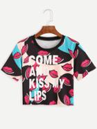 Romwe Lipstick And Letter Print Crop T-shirt