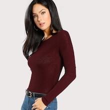 Romwe Solid Slim Fitted Ribbed T-shirt
