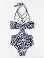Romwe Mixed Print Cut Out Swimsuit