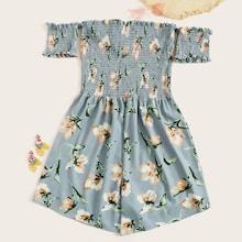 Romwe Plus Off Shoulder Shirred Floral Print Romper