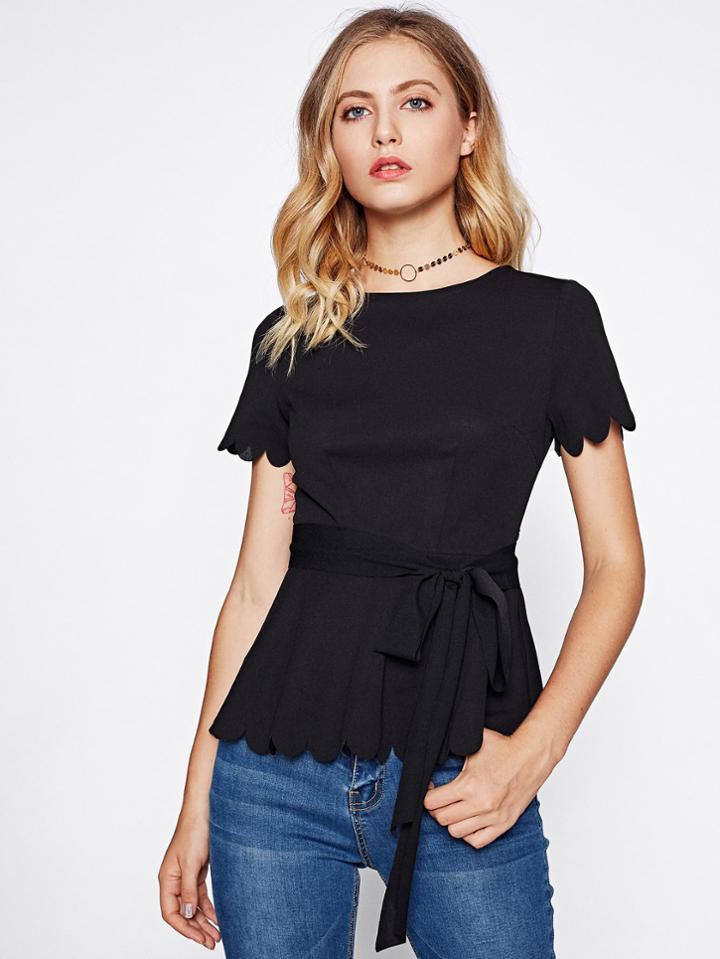 Romwe Self Tie Scallop Edge Peplum Top