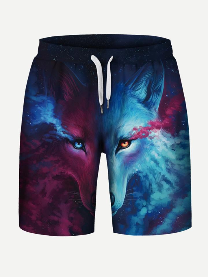 Romwe Men Wolf Print Drawstring Shorts