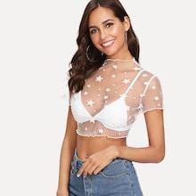 Romwe Mock Neck Star Pattern Mesh Blouse