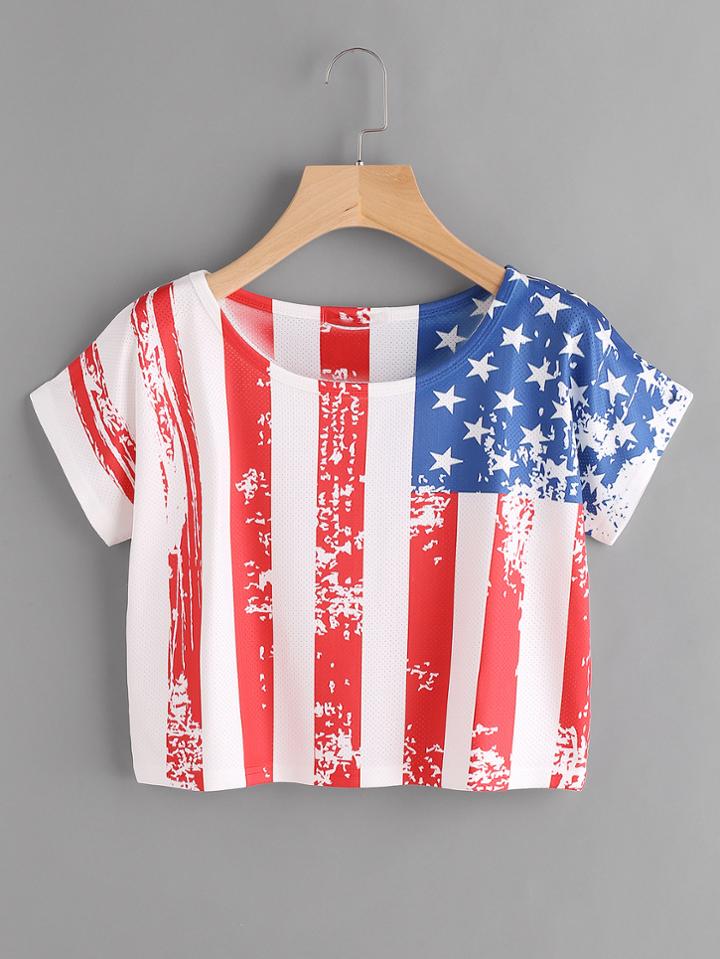 Romwe Flag Print Wide Stripe Tee