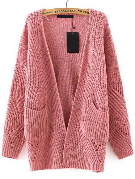 Romwe Long Sleeve Hollow Pockets Pink Coat