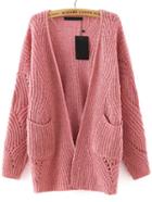 Romwe Long Sleeve Hollow Pockets Pink Coat