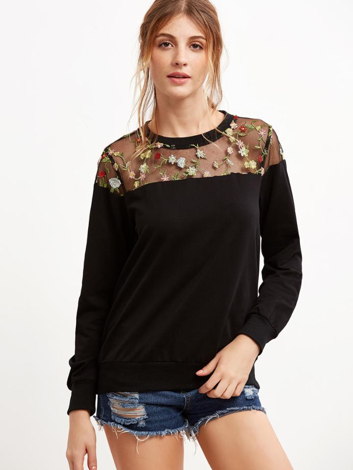 Romwe Black Embroidered Mesh Yoke Sweatshirt