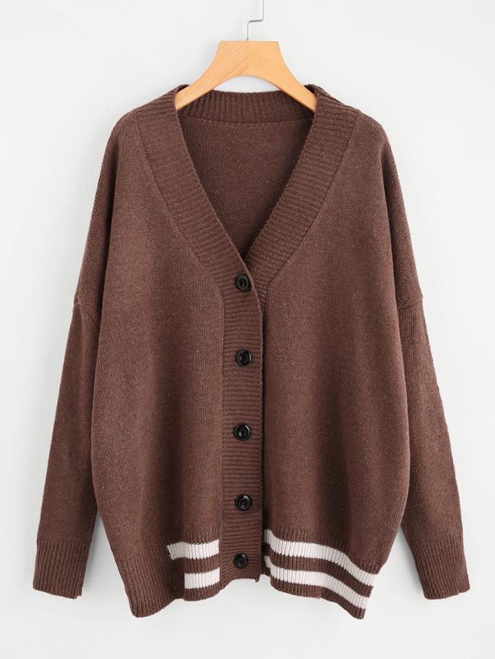 Romwe Drop Shoulder Single Breasted Striped Hem Cardigan