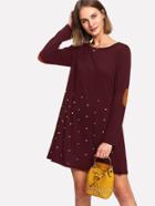 Romwe Pearl Beading Elbow Patch Dress