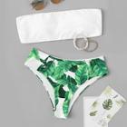 Romwe Random Solid Bandeau Top With Tropical Bikini Set