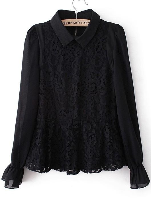 Romwe Lapel Lace Black Blouse