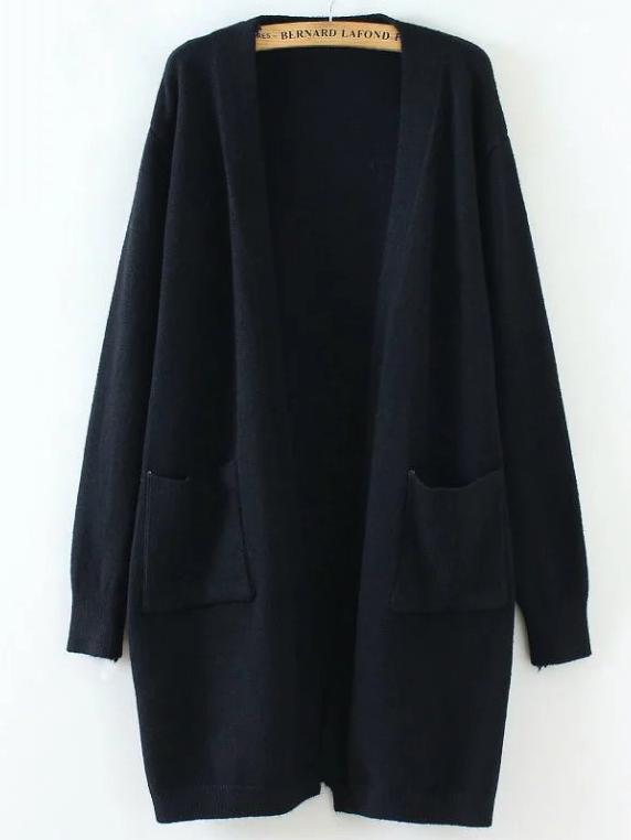 Romwe Black Ribbed Detail Front Pocket Long Cardigan