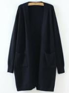 Romwe Black Ribbed Detail Front Pocket Long Cardigan