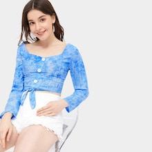 Romwe Tie Dye Knot Hem Crop Blouse