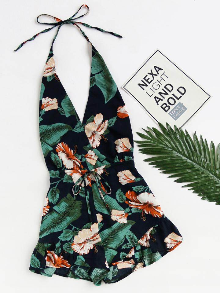 Romwe Plunging V-neckline Floral Print Drawstring Frill Romper