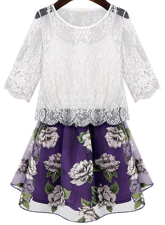 Romwe Lace Top With Straps Florals Dress