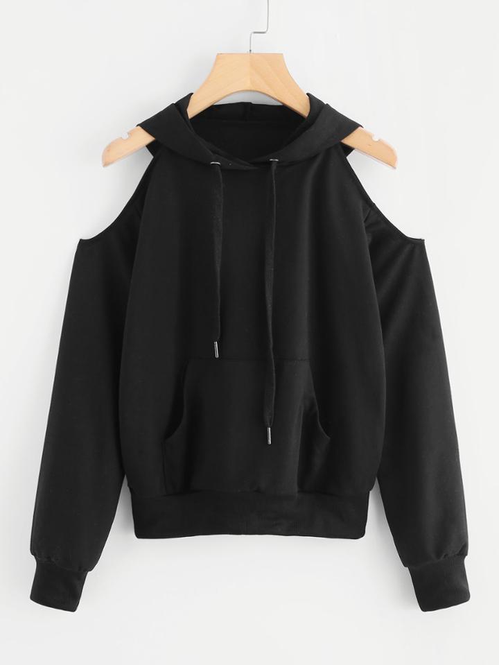 Romwe Cold Shoulder Kangaroo Pocket Hoodie