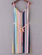 Romwe Multicolor V Neck Stripe Dress With Belt