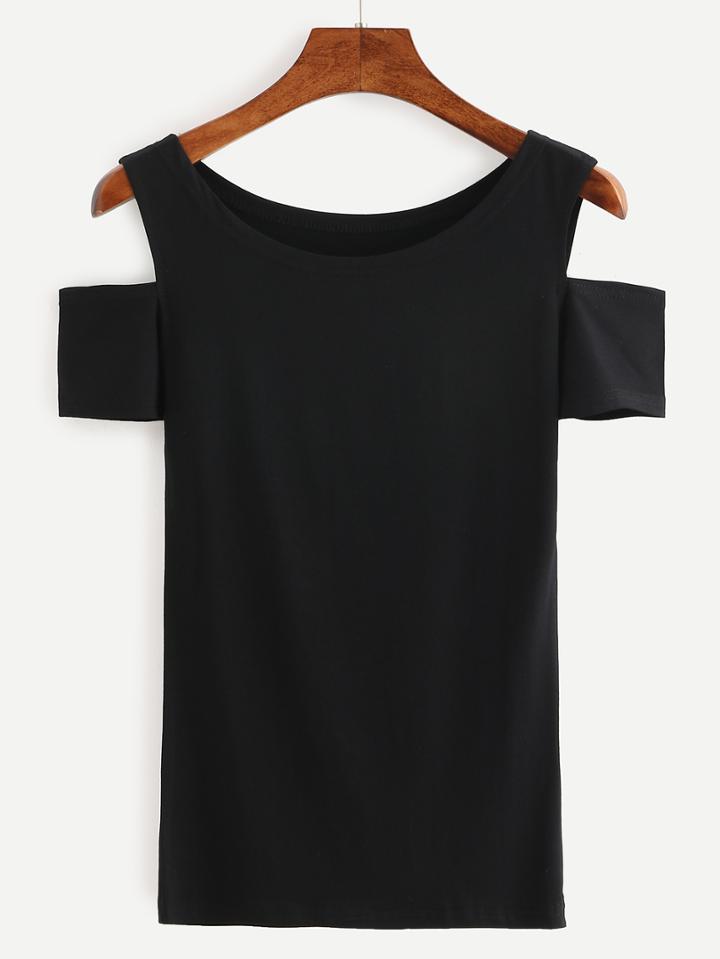 Romwe Cutout Shoulder Black T-shirt