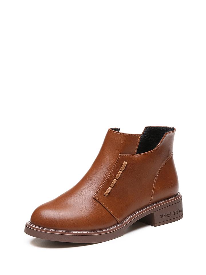 Romwe Side Zipper Low Heeled Pu Ankle Boots