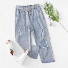 Romwe Destructed Self Tie Jeans
