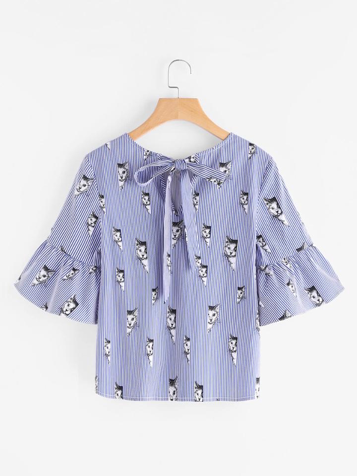 Romwe Cat Print Keyhole Tie Back Trumpet Sleeve Striped Top