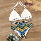 Romwe Crochet Halter Top With Random Graphic Bikini Set