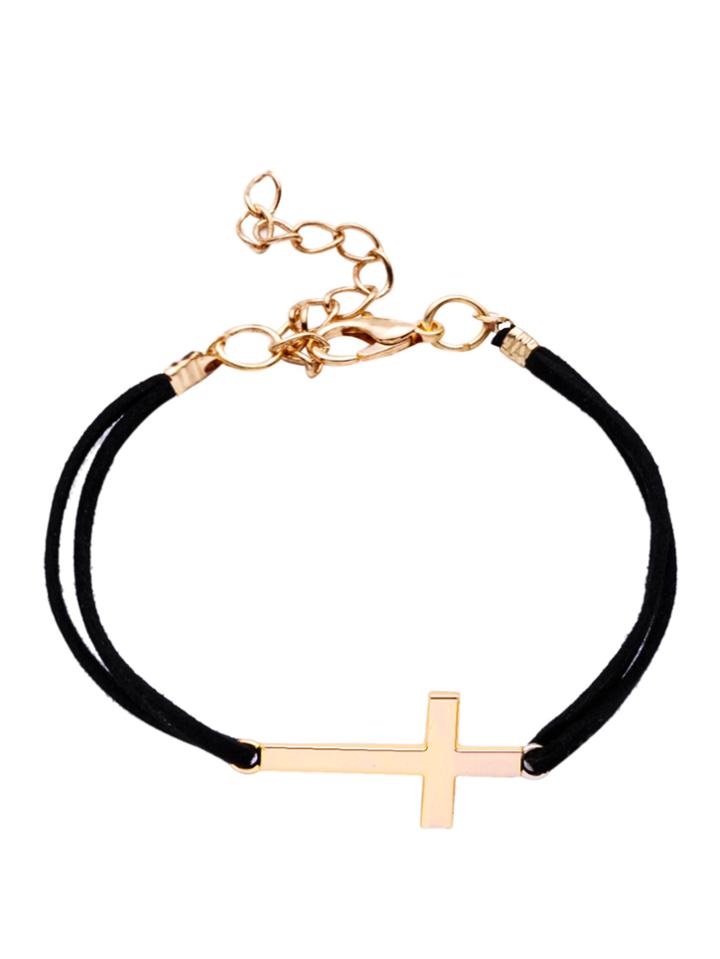 Romwe Black Cross Charm Suede Bracelet