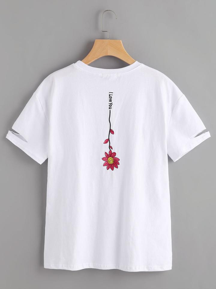 Romwe Graphic Print Distressed Cuffs Tee