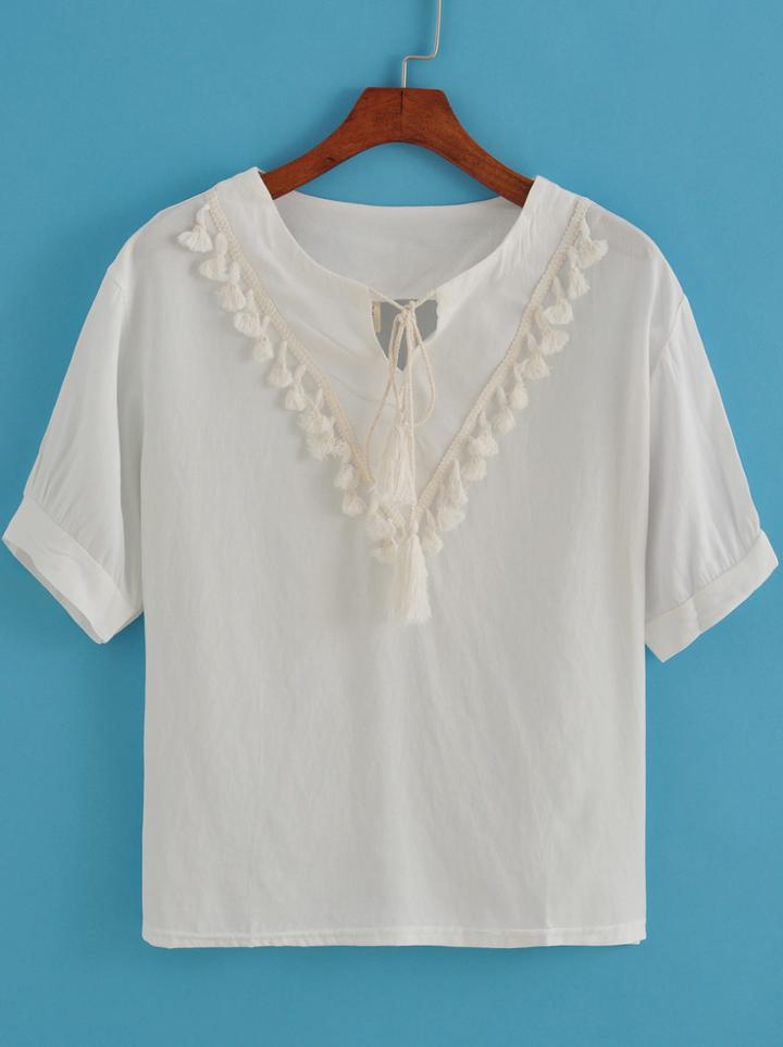 Romwe V Neck With Tassel Top