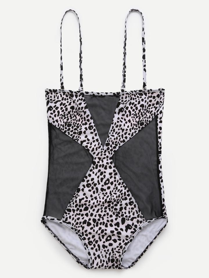 Romwe White Leopard Print Mesh Insert One Piece Swimwear