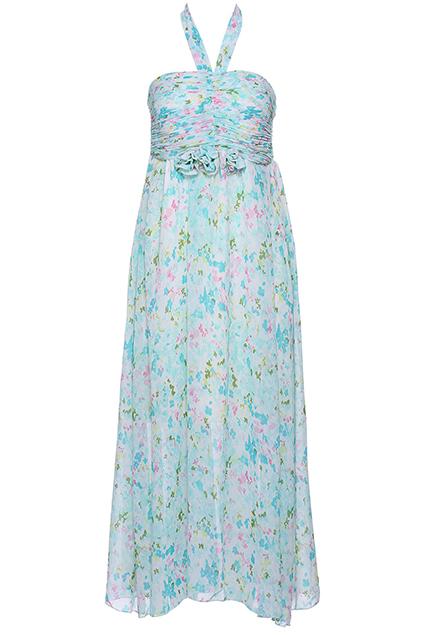 Romwe Flower Print Halter Blue Bandeau Dress