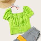 Romwe Neon Green Shirred Solid Blouse