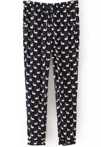 Romwe Black Drawstring Waist Goose Print Pant