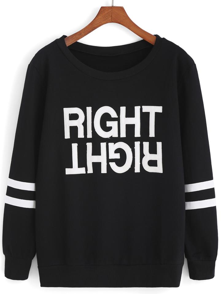 Romwe Letter Print Varsity Striped Black Sweatshirt