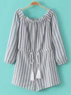 Romwe Blue Long Sleeve Smock Stripe Drawstring Jumpsuit