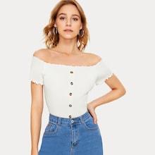 Romwe Button Front Lettuce Trim Rib Knit Bardot Tee