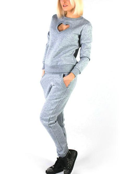 Romwe Grey Heart Shape Hollow Out Sweatshirt With Pants