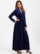 Romwe Pearl Beaded Surplice Wrap Plunging Velvet Dress