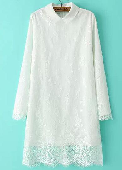 Romwe White Lapel Long Sleeve Hollow Lace Dress