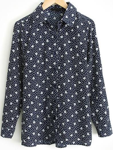 Romwe Lapel Pastel Floral Print Navy Blouse