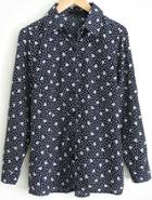 Romwe Lapel Pastel Floral Print Navy Blouse